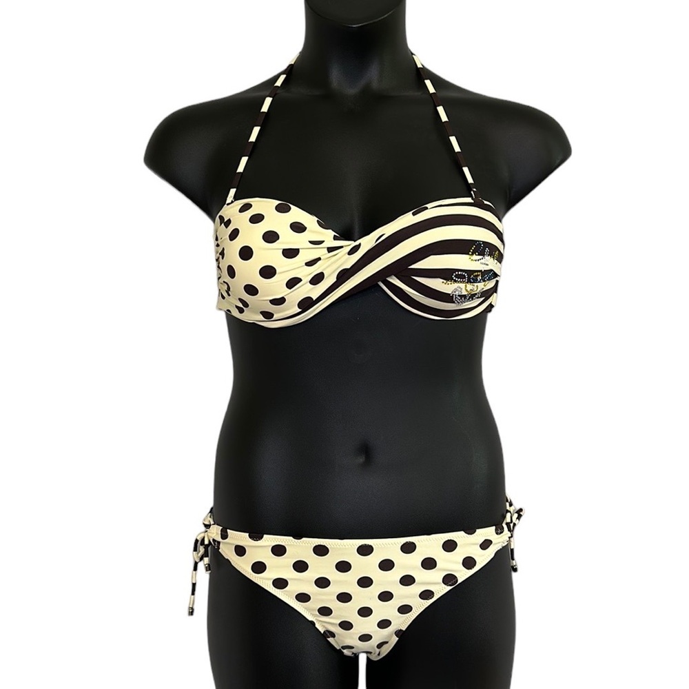 2 Piece Bikini Cream & Chocolate Colored Polka-Dot & Stripe Swimming Suit